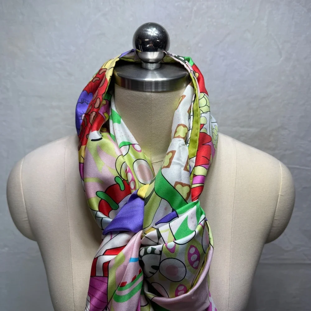 Large Psychedelic Floral Silk Scarf Lime Green Pink Geometric 53x53 Made France
